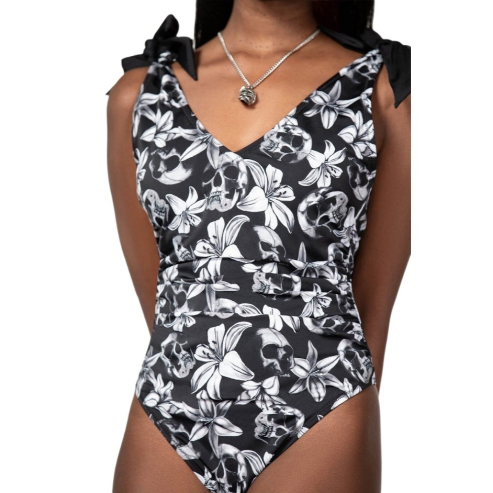 Killstar Black and White Skull Floral One Piece Nerissa Swimsuit NWT
